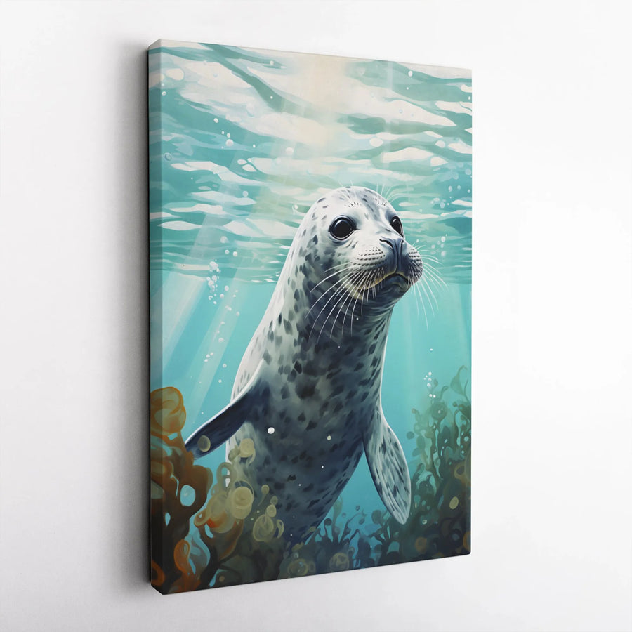 Spotted Seal Wall Art | Cute Underwater Marine Life Painting | Gallery-Wrapped Premium Canvas | Ocean Nursery or Coastal Home Decor