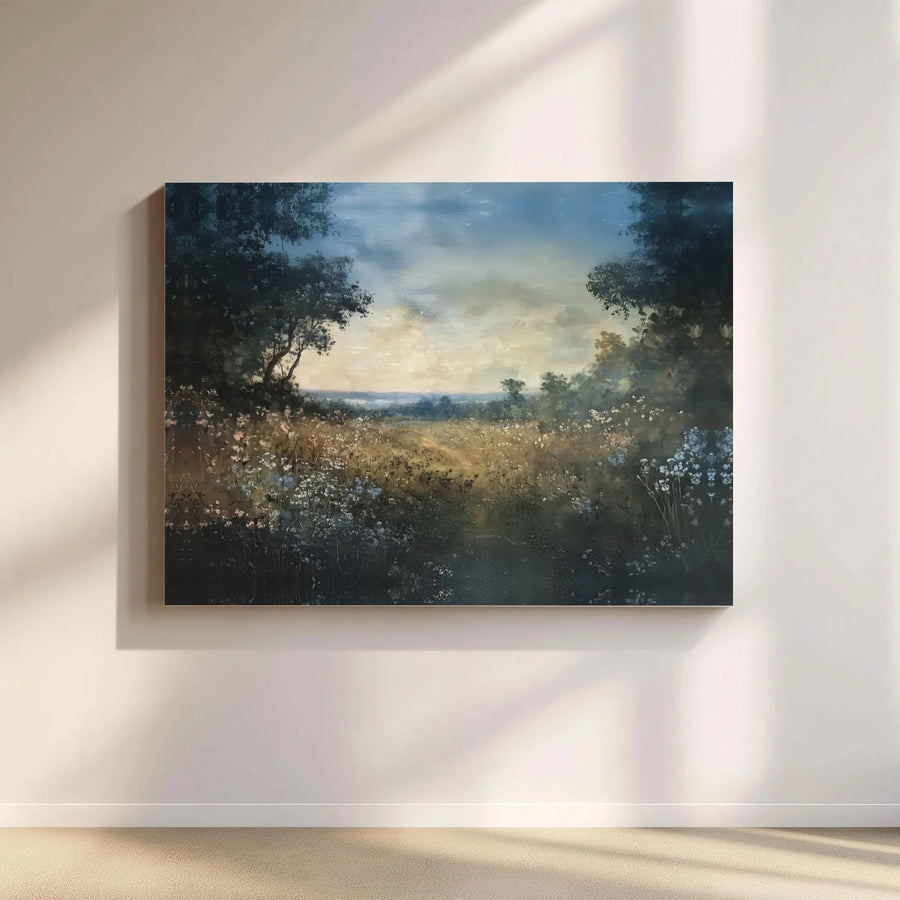Wildflower Meadow Landscape Canvas Art | Moody Sunset Field Painting | Gallery Wrapped Premium Print | Farmhouse Home Decor Gift