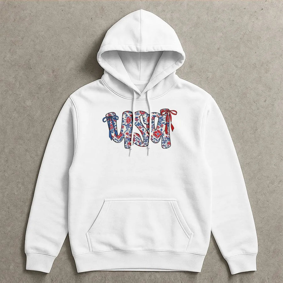 USA Floral Coquette Hoodie | Patriotic Bow Aesthetic Print | Soft Cotton-Blend Pullover | 4th of July Gift for Her