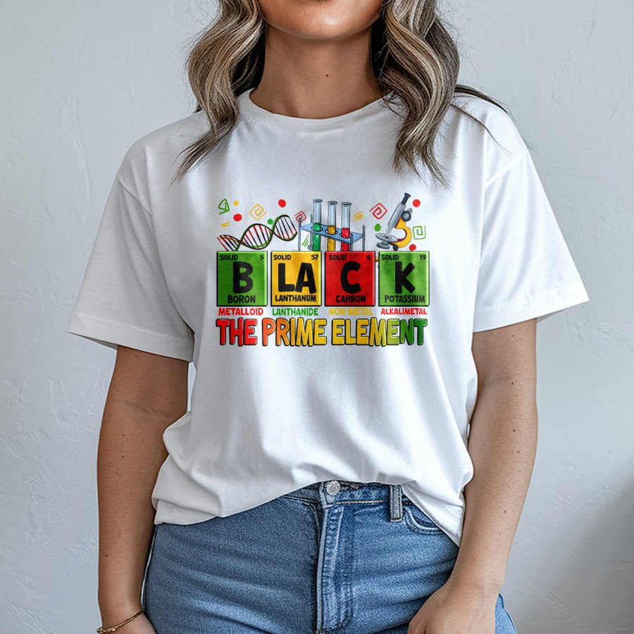 Black The Prime Element T-Shirt | Periodic Table Science Graphic | Premium Soft Cotton | Black History Month Gift for Men and Women