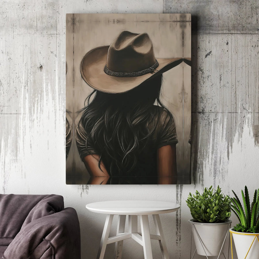 Western Cowgirl Canvas Wall Art | Rustic Woman in Cowboy Hat Painting | Premium Framed Print | Country Farmhouse Decor Gift for Her