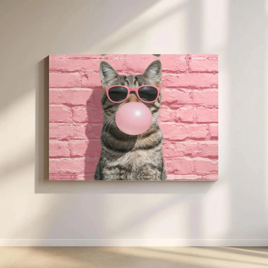 Cat Canvas Wall Art | Trendy Tabby With Pink Sunglasses & Bubble Gum | Gallery-Quality Fade-Resistant Print | Fun Modern Home Decor Gift