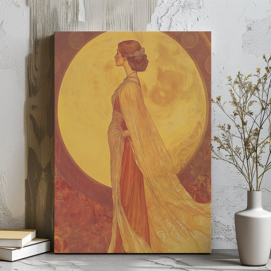 Art Nouveau Woman Wall Art | Golden Moon Portrait Canvas | Premium Gallery Wrap Print | Elegant Home Decor Gift