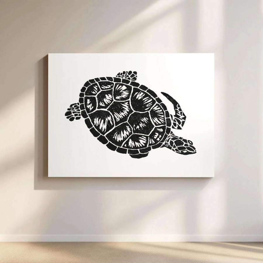 Sea Turtle Wall Art | Minimalist Linocut Print | Premium Gallery Wrap Canvas | Coastal Ocean Decor for Beach House Living