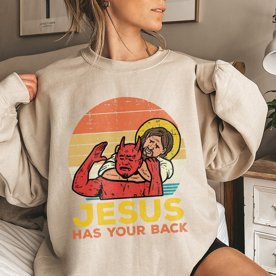 Jesus Has Your Back Sweatshirt | Retro Jiu Jitsu Christian Graphic | Premium Cotton Blend | Gift for Believers and Athletes