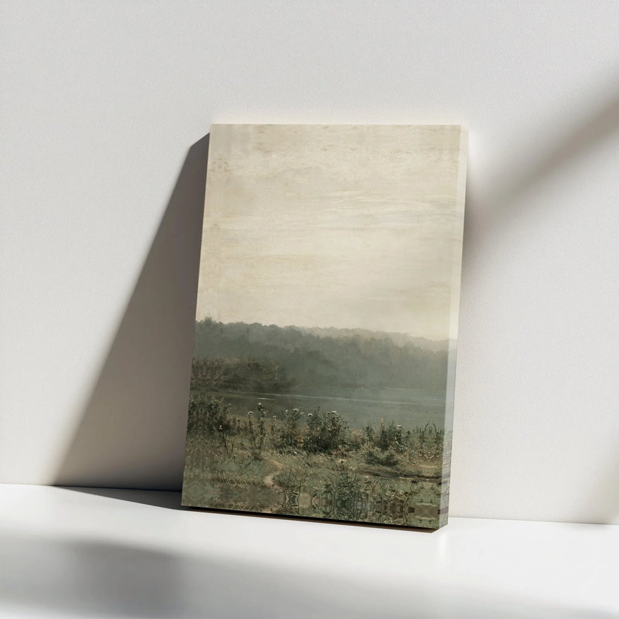 Vintage Landscape Canvas Wall Art | Moody Tonalist River Scene | Premium Gallery Wrapped Print | Dark Academia Decor Gift
