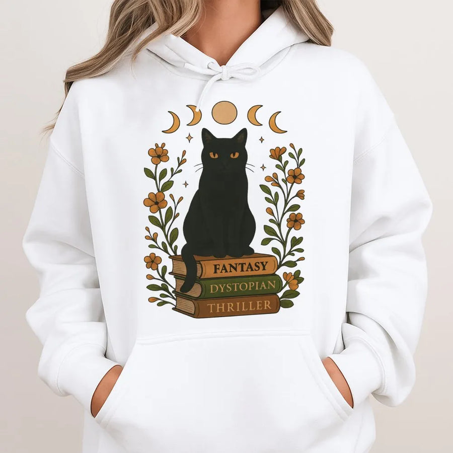Black Cat Book Hoodie | Witchy Celestial Reading Design | Premium Cotton Blend | Gift for Readers, Librarians & Book Lovers