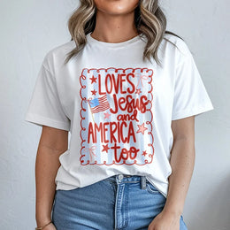 Loves Jesus And America Too T-Shirt | Patriotic Coquette Bow Graphic | Premium Soft Cotton | Christian Fourth Of July Gift For Her