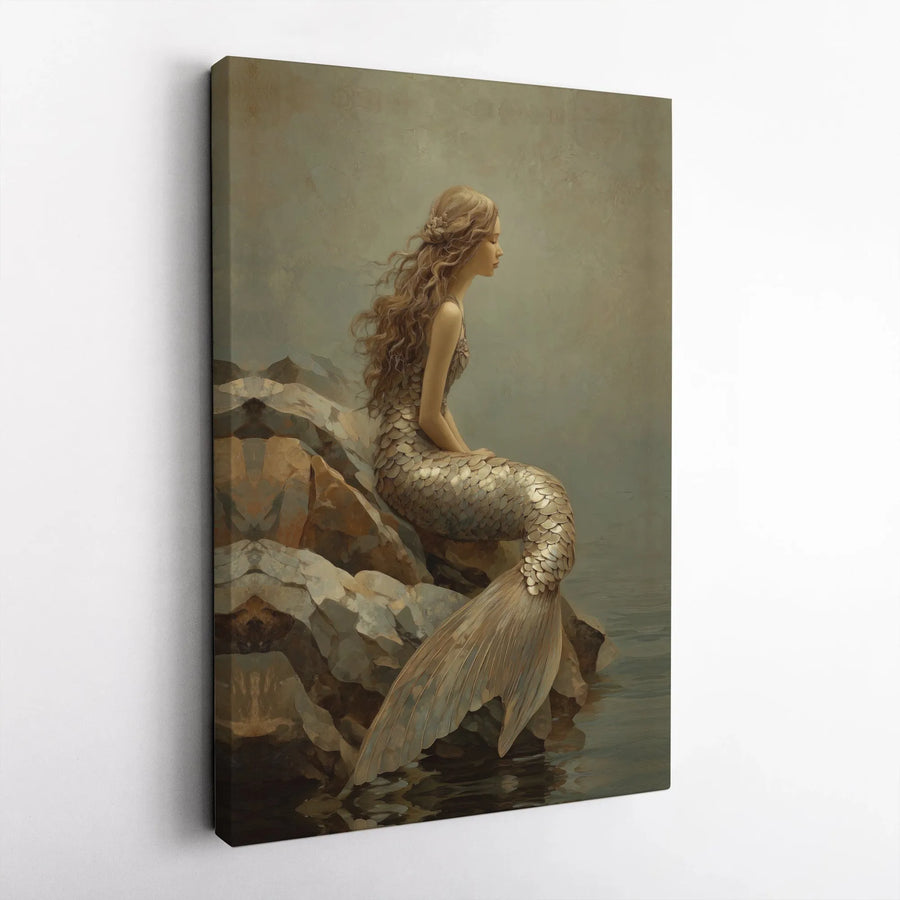 Mermaid Canvas Wall Art | Vintage Painting Style with Golden Tail | Premium Gallery Wrapped Canvas | Fantasy Home Decor Gift