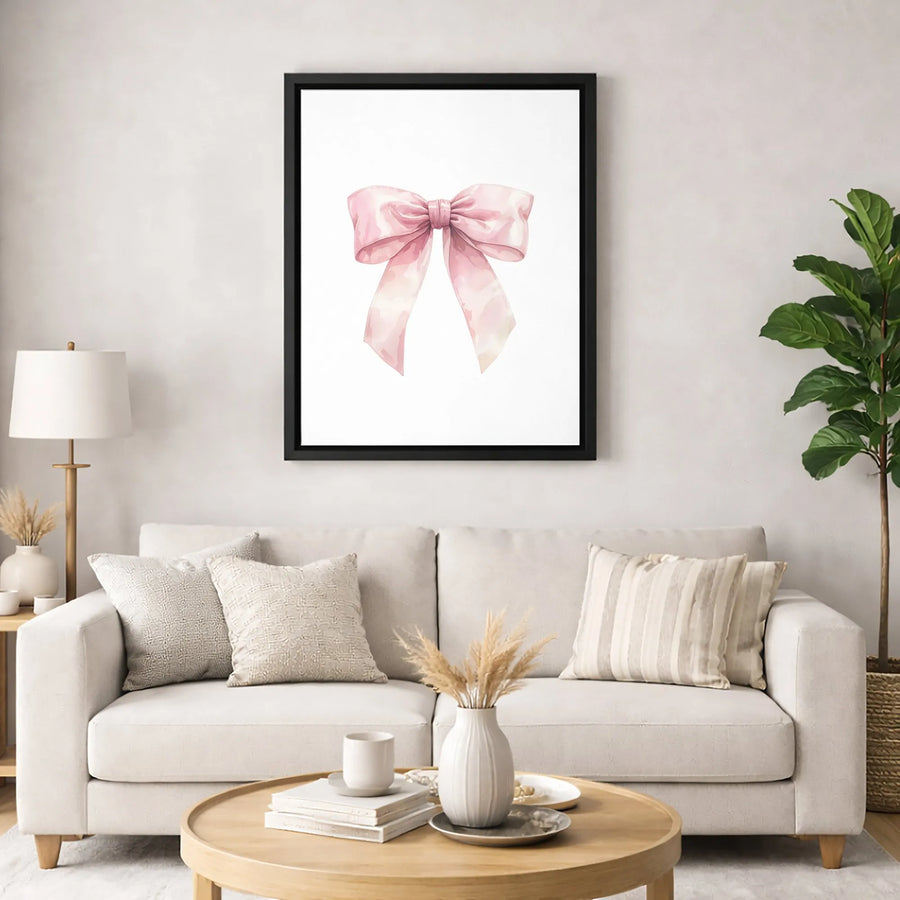 Pink Bow Canvas Wall Art | Watercolor Ribbon Aesthetic Decor | Premium Fade-Resistant Gallery Wrap | Chic Feminine Home Office Decor Gift