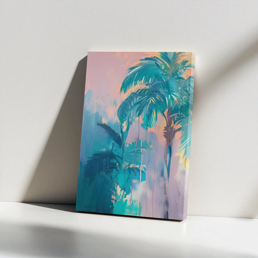Abstract Palm Tree Canvas Art | Teal and Pink Coastal Wall Decor | Premium Gallery Wrapped Print | Modern Home Decor Gift