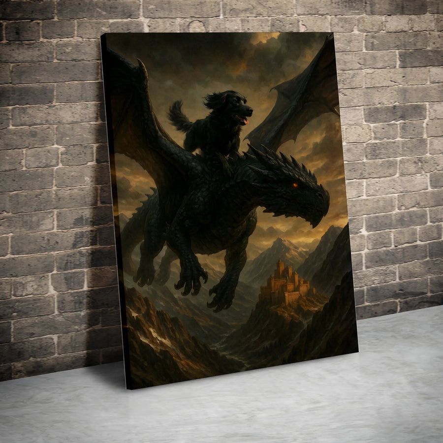 Black Dog Riding Dragon Fantasy Canvas Wall Art | Epic Mythical Creature Portrait | Premium Fade-Resistant Print | Unique Gift for Fantasy Lovers