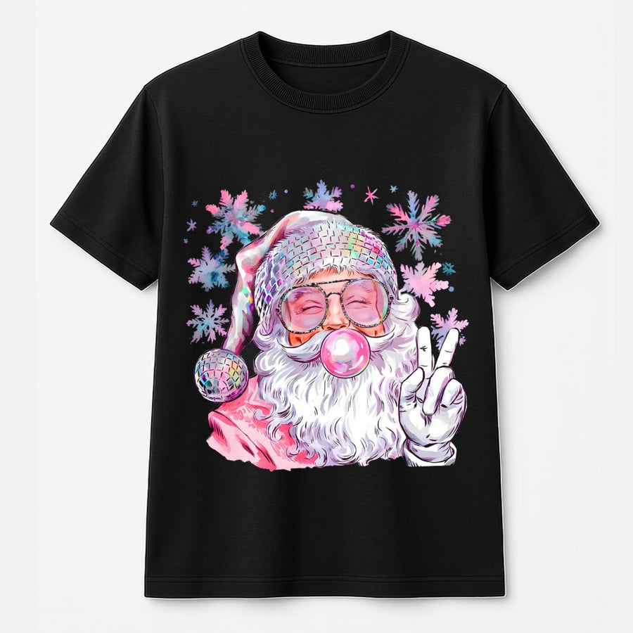 Retro Disco Santa T-Shirt | Bubble Gum Peace Sign Christmas Graphic | 100% Cotton Premium Tee | Trendy Holiday Gift for Women and Teens