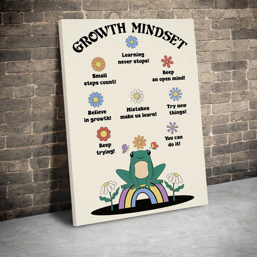 Growth Mindset Canvas Wall Art | Retro Frog and Rainbow Classroom Decor | Premium Gallery Wrap Print | Motivational Gift for Kids and Teachers