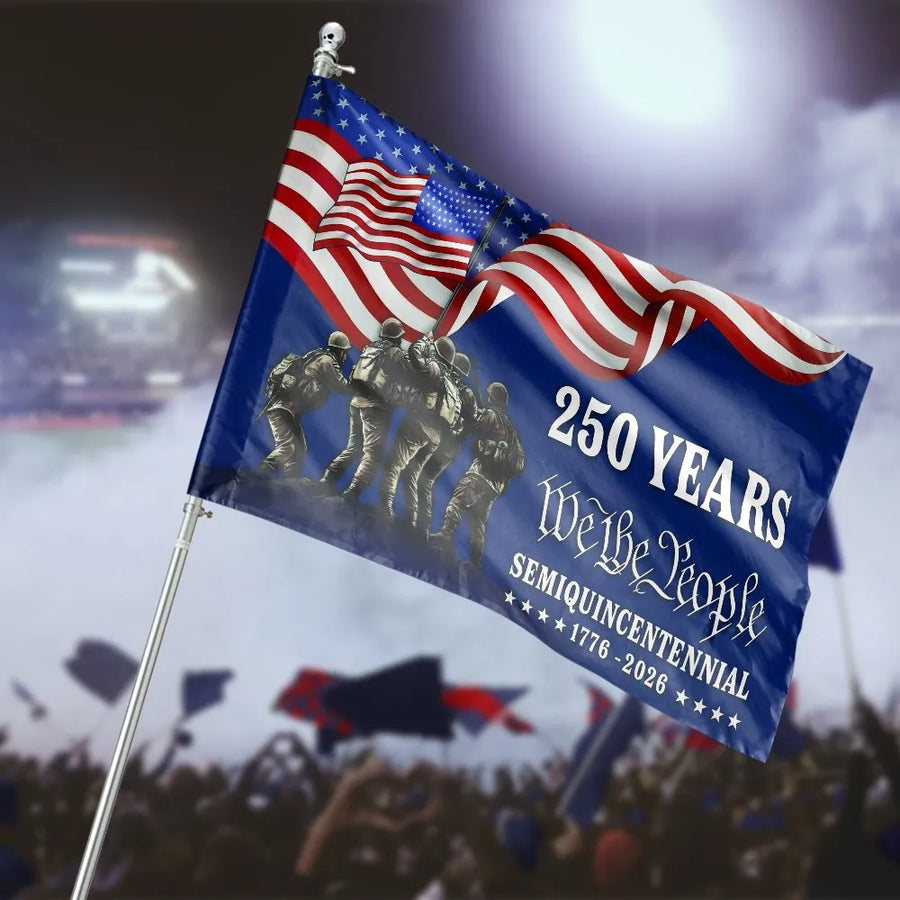 Semiquincentennial 250th Anniversary Flag | We The People & Soldiers Graphic | Double-Sided Polyester Banner | Commemorative Patriotic Yard Decor Gift