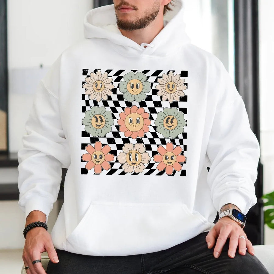 Retro Checkered Flower Hoodie | Groovy Smiley Floral Graphic | Soft Cotton Unisex Tee | Trendy Boho Gift for Women