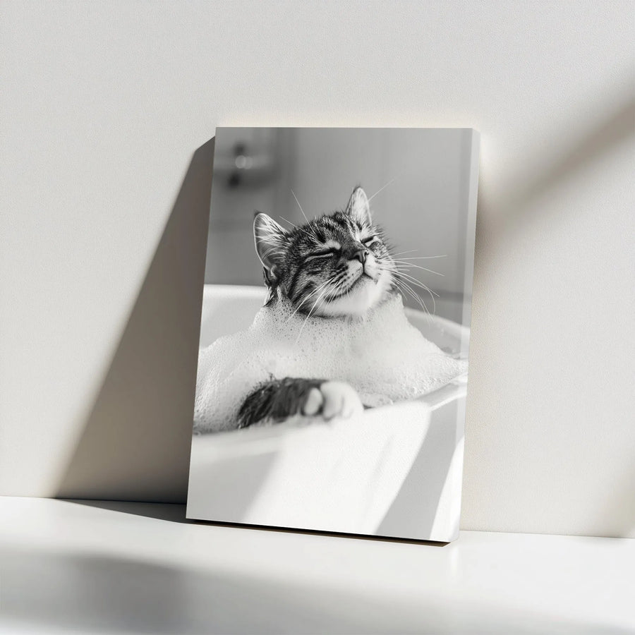Funny Cat Bubble Bath Canvas Wall Art | Whimsical Monochrome Pet Portrait | Gallery Wrapped Premium Print | Unique Gift for Cat Lovers