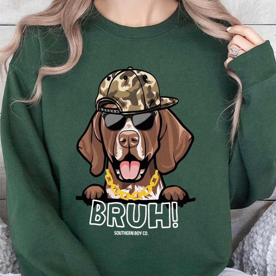 GSP Dog Sweatshirt | Bruh Funny Graphic Print | Premium Cotton Blend Unisex Crewneck | Gift for Pointer Dog Owners and Lovers