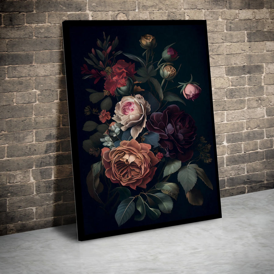 Dark Floral Canvas Wall Art | Moody Botanical Rose Bouquet | Premium Gallery Wrapped Canvas | Vintage Home Decor Gift