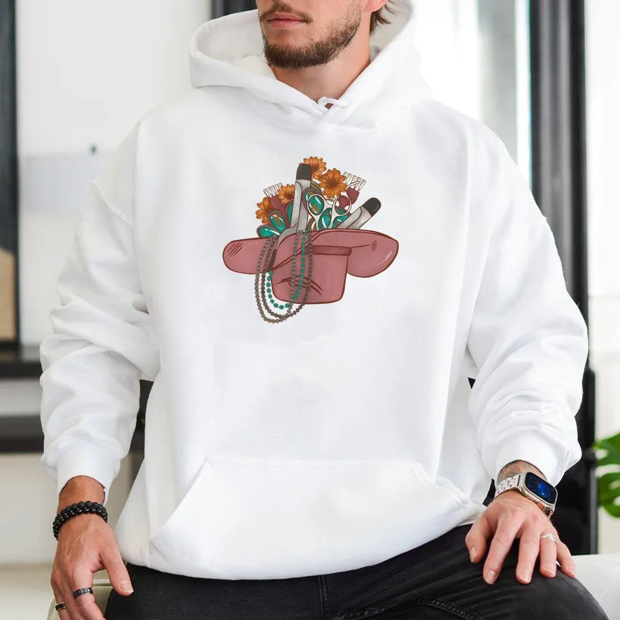 Hairstylist Cowboy Hat Hoodie | Western Cosmetology Graphic Design | Soft Cotton Blend Apparel | Unique Gift for Hairdresser Salon Owner