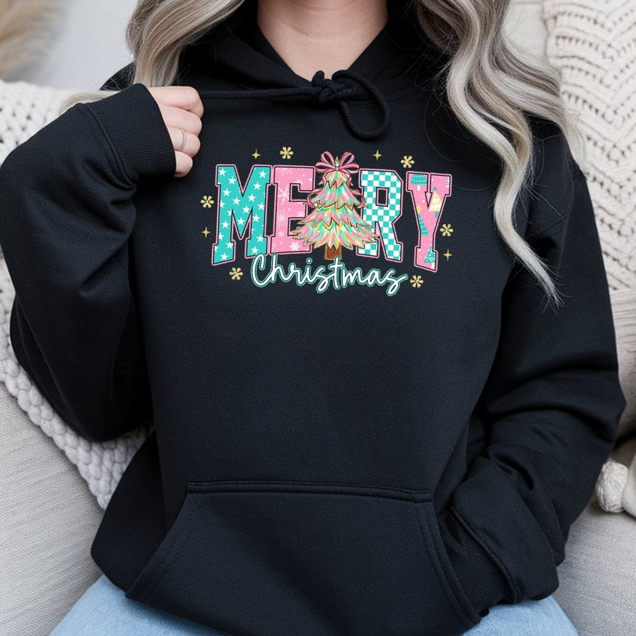Merry Christmas Hoodie | Pastel Aesthetic Checkered Tree Graphic | Soft Cotton-Blend Pullover | Festive Holiday Gift for Women and Teens
