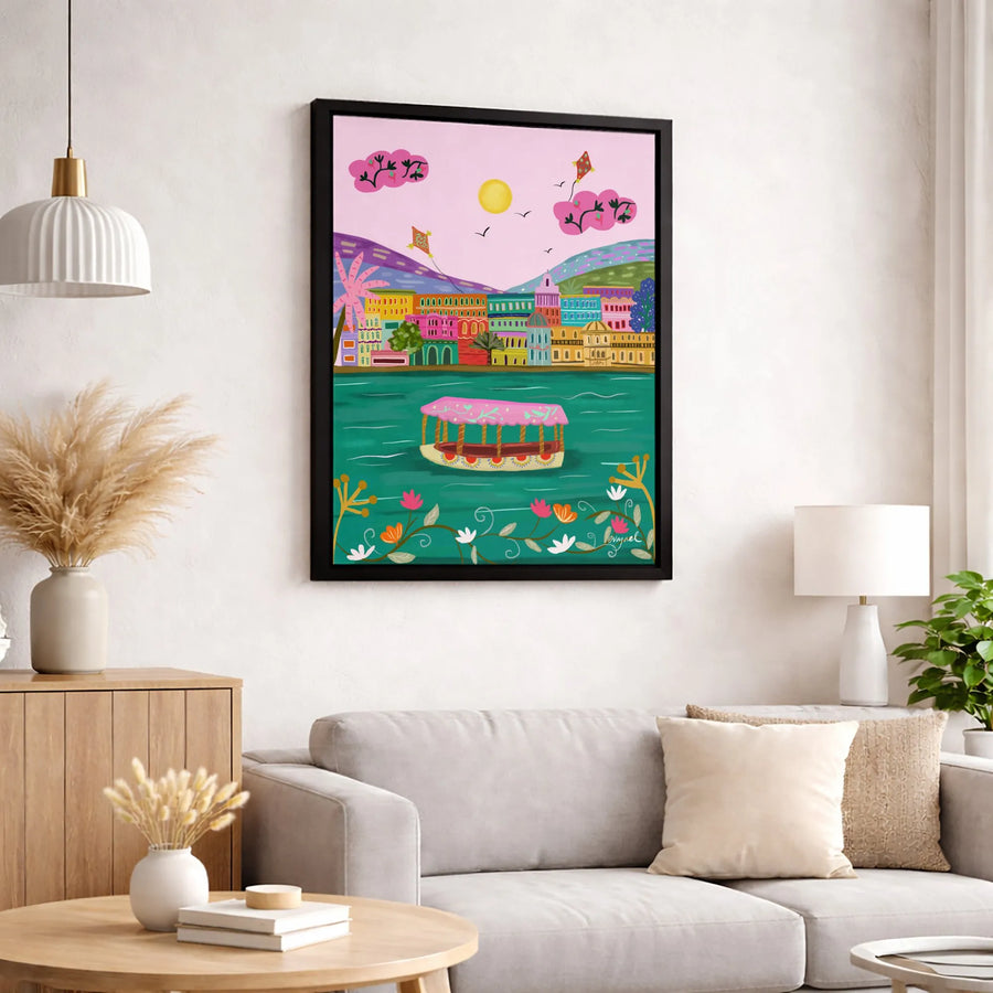 Colorful Indian Cityscape Canvas Print | River Boat And Kites Whimsical Art | Premium Fade-Resistant 1.25 Inch Profile | Vibrant Home Decor Wall Art