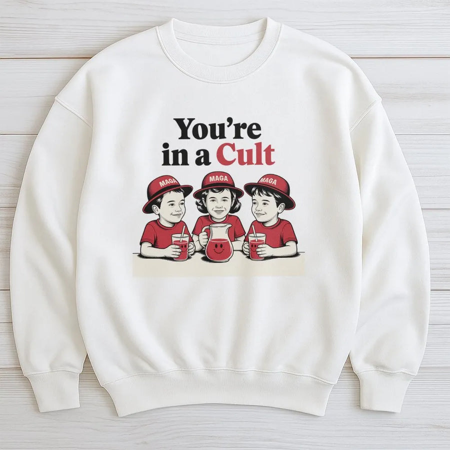 You're In A Cult Sweatshirt | Satire Graphic Crewneck | Premium Cotton-Blend Unisex Pullover | Funny Liberal Gift for Democrats
