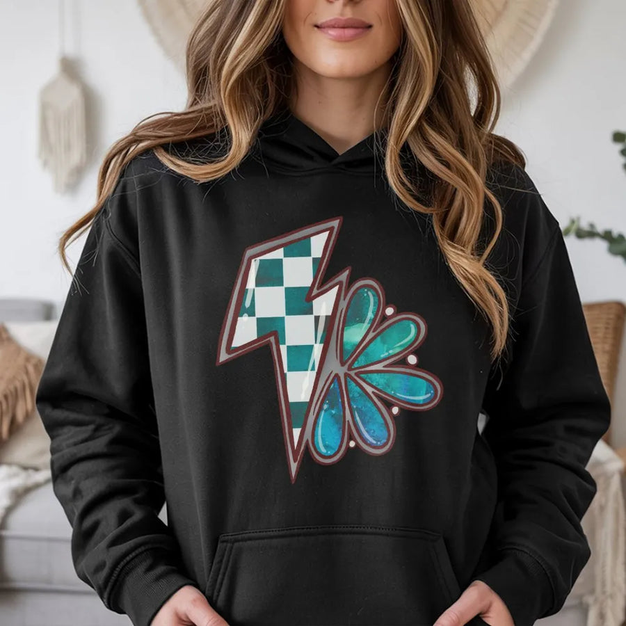 Western Lightning Bolt Hoodie | Checkered Boho Flower Graphic | Premium Cotton Blend | Country Style Gift for Women & Girls