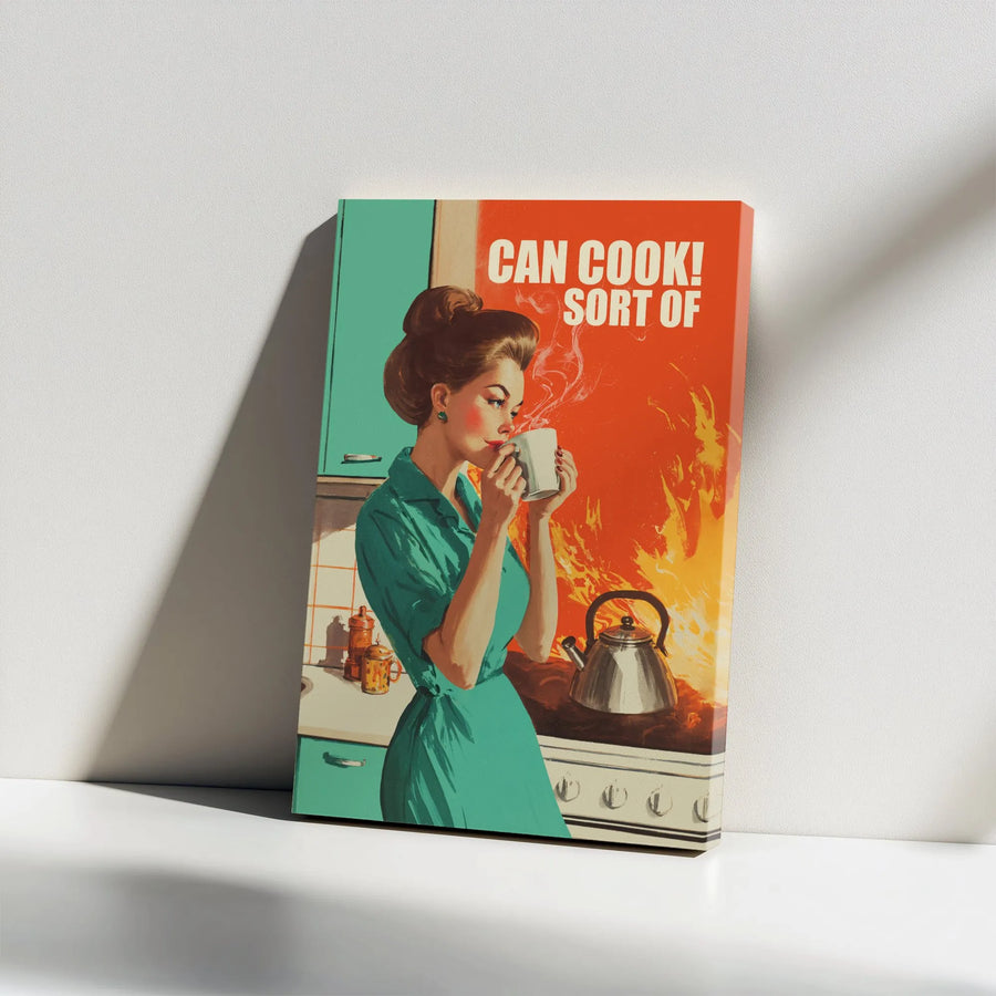 Funny Retro Kitchen Vertical Canvas | "Can Cook! Sort Of" 1950s Housewife Art Print | Premium 1.25" Gallery Wrap | Quirky New Home Gift for Her, Wife, Mom