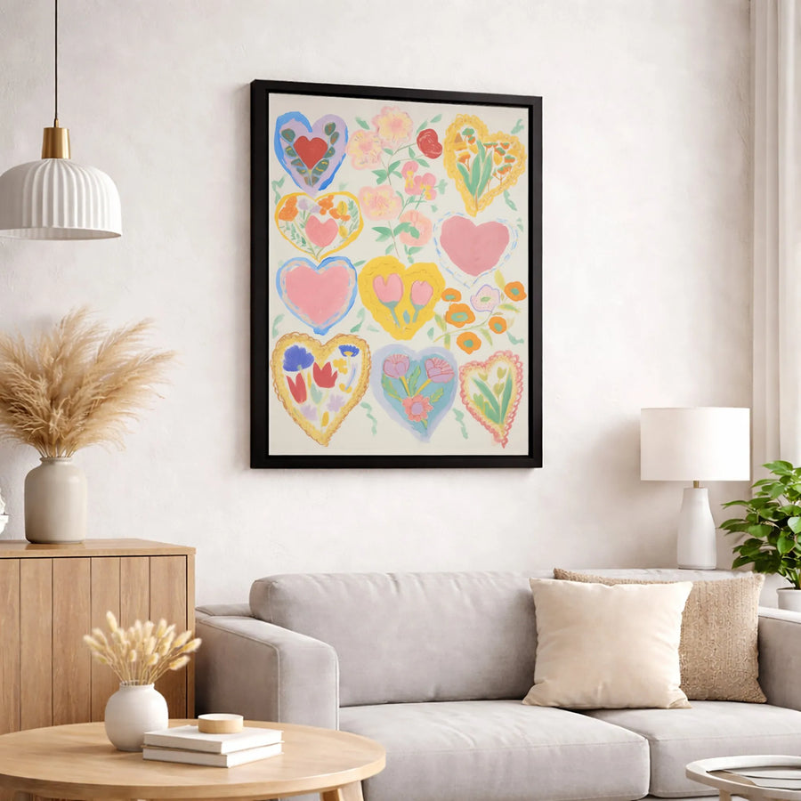 Colorful Heart Canvas Wall Art | Whimsical Floral Hearts Painting | Gallery Quality 1.25-inch Profile | Romantic Home Decor Gift for Her