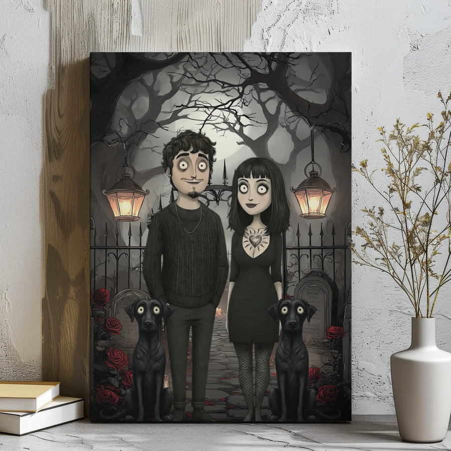 Gothic Couple Canvas Wall Art | Spooky Cemetery Portrait with Black Dogs | Premium Gallery Wrap Decor | Unique Gift for Goth Lovers