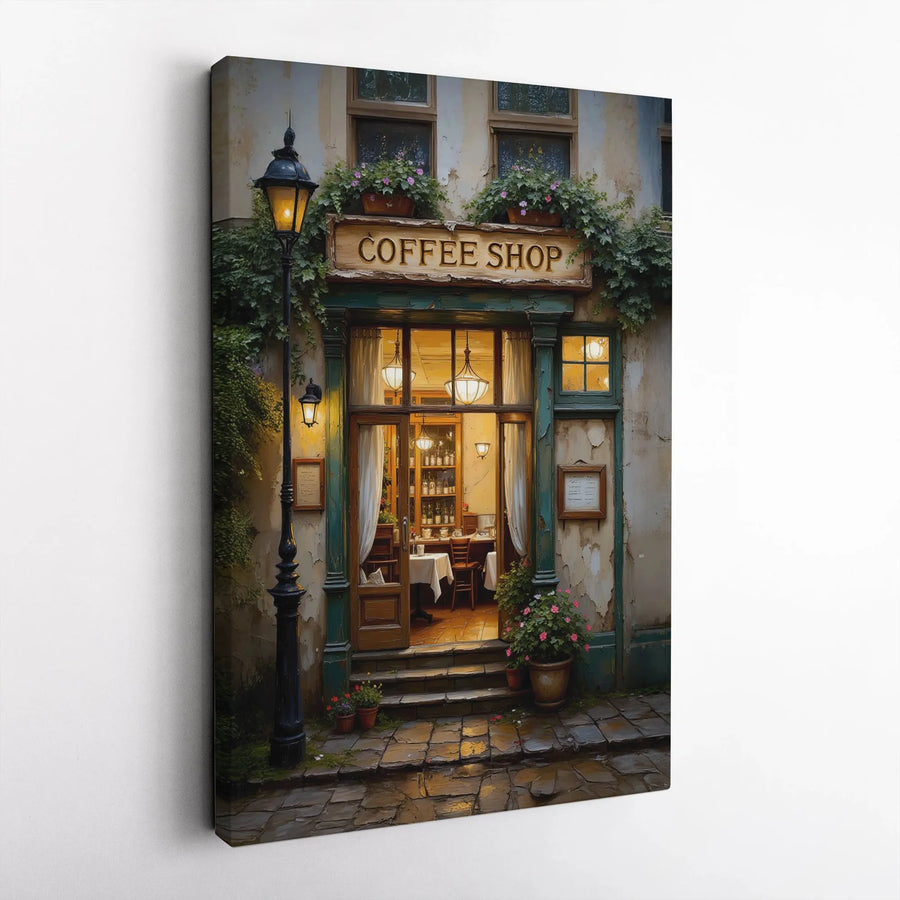 Coffee Shop Canvas Print | Vintage European Street Cafe Art | Premium Gallery Wrapped Wall Decor | Gift for Coffee Lovers
