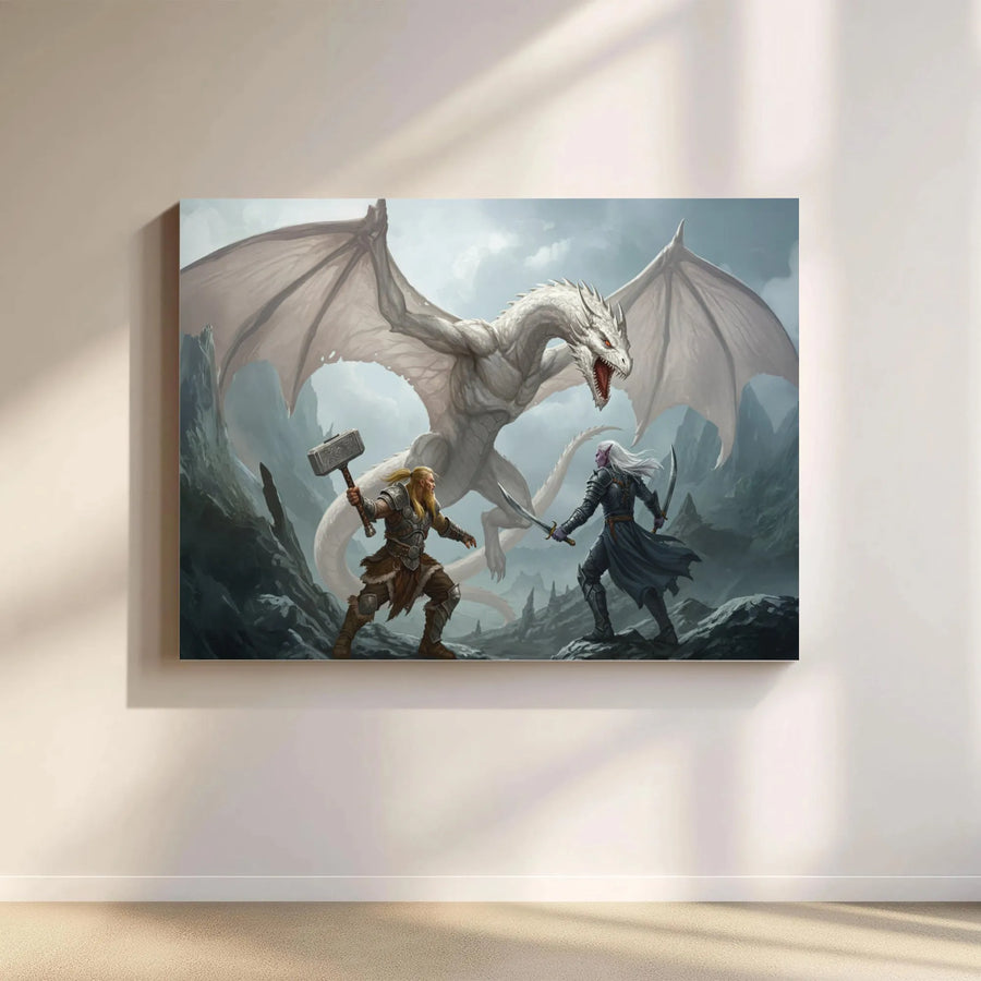 Fantasy Battle Wall Art | White Dragon vs Viking and Dark Elf | Premium 1.25-Inch Gallery Canvas | Epic Gaming Room Decor Gift