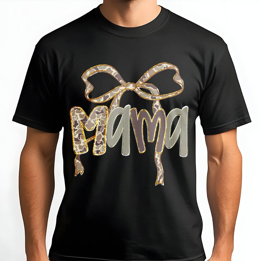 Mama Camo Bow T-Shirt | Trendy Leopard Print Hunting Design | Premium 100% Cotton | Perfect Gift for Outdoorsy Moms and Hunting Wives