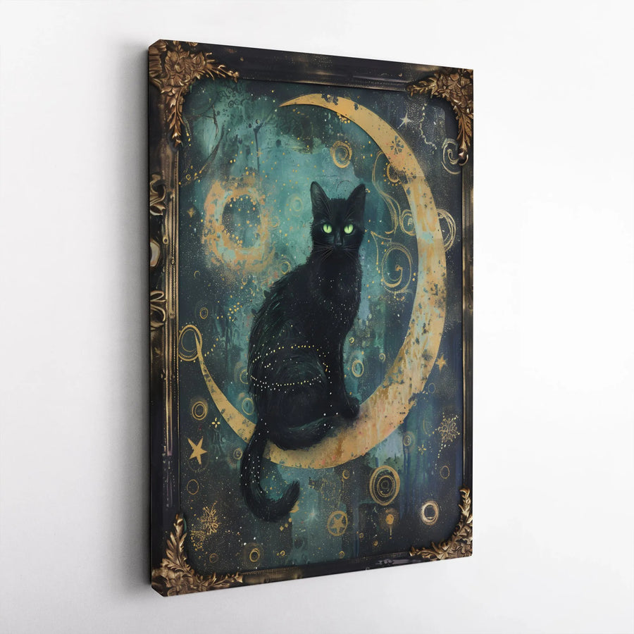 Celestial Black Cat Canvas Art | Green Eyed Cat on Crescent Moon with Vintage Ornate Frame | Premium Gallery Wrapped Canvas | Witchy Gothic Home Decor Gift