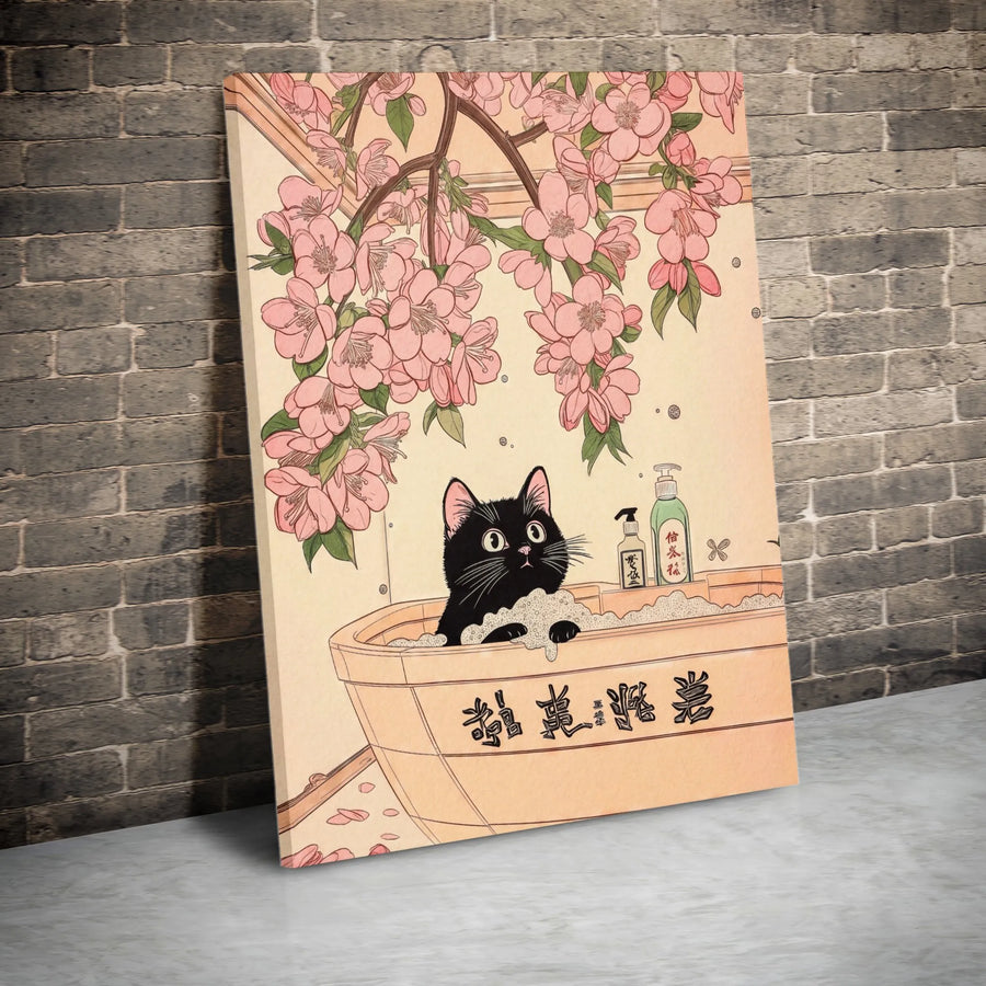 Black Cat Wall Art | Japanese Ukiyo-E Style Bathing in Cherry Blossoms | Premium Gallery Wrapped Canvas | Whimsical Home Decor Gift for Cat Lovers