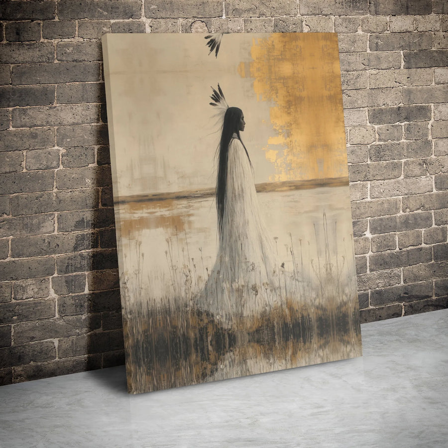 Native American Woman Wall Art | Abstract Gold Leaf Canvas Print | Premium Gallery Wrapped Portrait | Southwestern Home Decor Gift