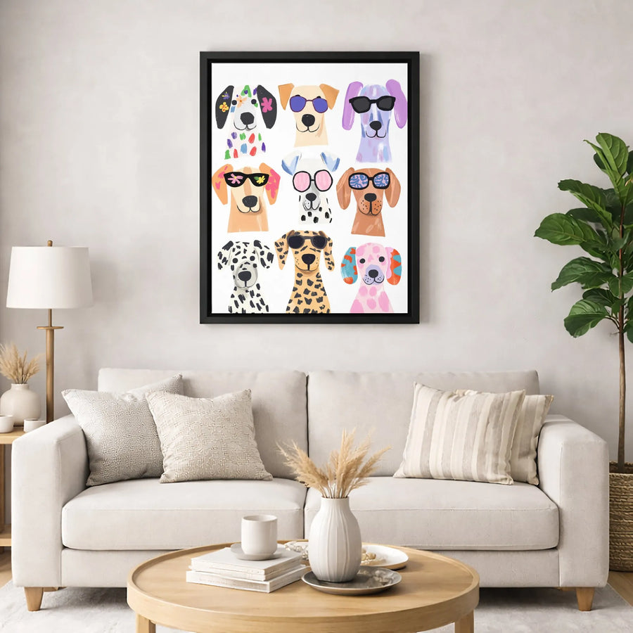 Colorful Dog Wall Art | Pop Art Puppy Print Wearing Sunglasses | Premium Gallery Canvas | Cute Animal Decor for Dog Lovers