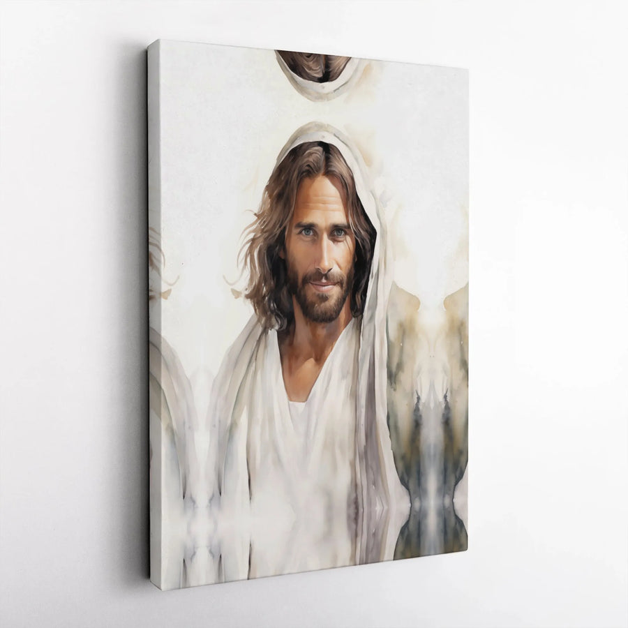 Jesus Christ Wall Art | Smiling Watercolor Portrait Canvas | Premium Fade-Resistant Gallery Wrap | Religious Home Decor & Christian Gift Idea