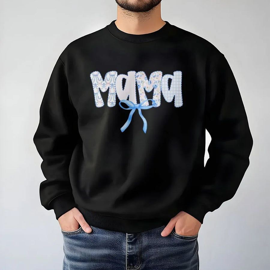 Mama Sweatshirt | Blue Bow Patchwork Lettering | Soft Cotton Blend | New Mom Gift for Mother's Day