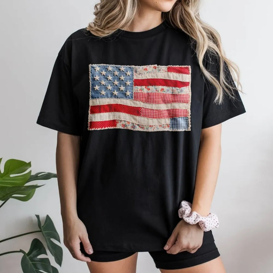 American Flag T-Shirt | Retro Faux Patchwork USA Graphic | 100% Cotton Premium Tee | Patriotic 4th of July Gift for Men and Women