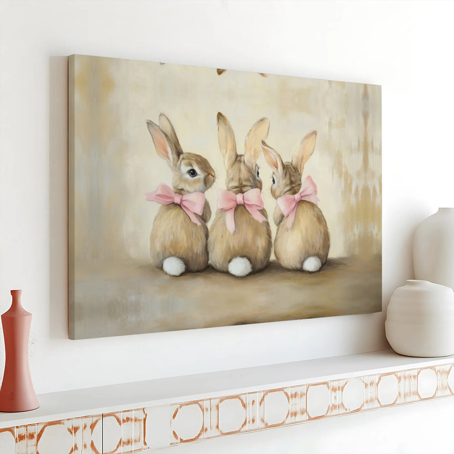 Bunny Rabbit Canvas Wall Art | Three Cute Bunnies with Pink Bows | Premium Gallery Wrapped Canvas | Nursery Room Decor Gift for Girl