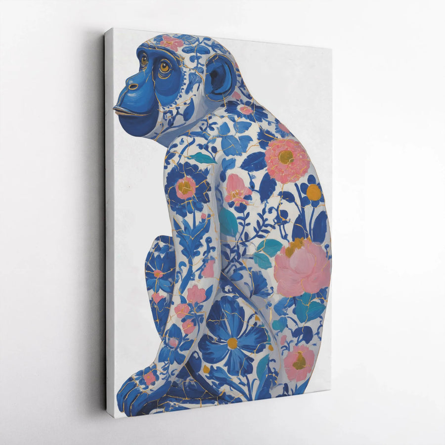 Chinoiserie Monkey Canvas Art | Floral Blue And Gold Kintsugi Print | Gallery Quality 1.25 Inch Wrap | Elegant Living Room Home Decor Wall Art