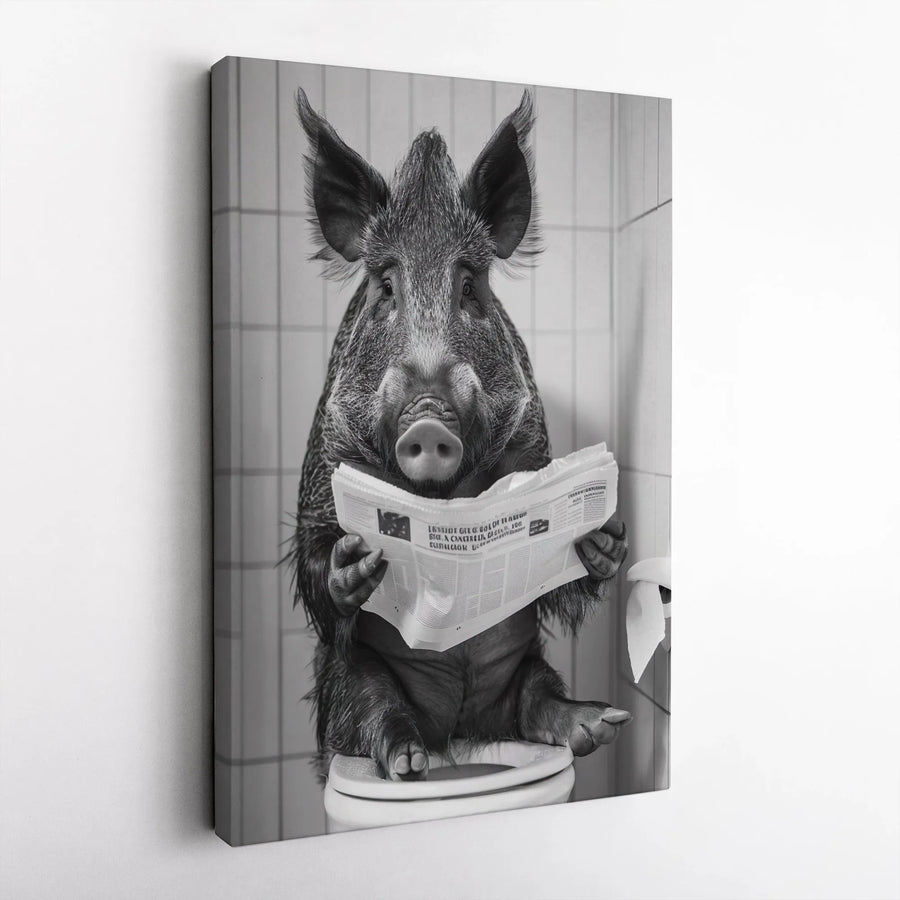 Wild Boar Bathroom Wall Art | Funny Hog Reading Newspaper Print | Premium 1.25" Gallery Canvas | Unique Toilet Decor for Home Office