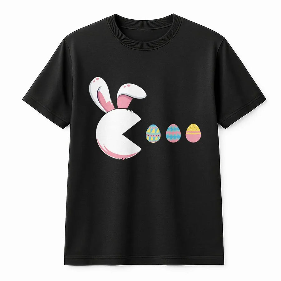 Easter Bunny Gamer T-Shirt | Retro Arcade Bunny Eating Easter Eggs | Premium Soft Cotton Tee | Fun Gift for Gamers and Holiday Enthusiasts