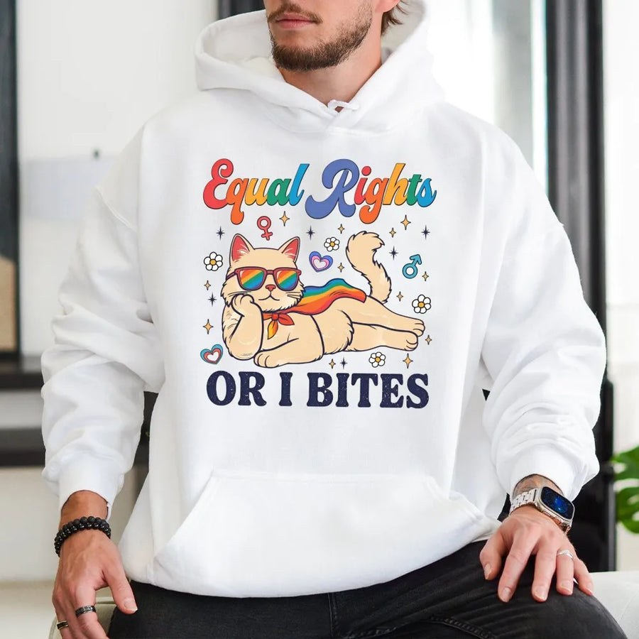 Feminist Cat Hoodie for Equal Rights | Funny 'Or I Bites' Graphic | Premium Cotton Pride Apparel | LGBTQ Ally Gift