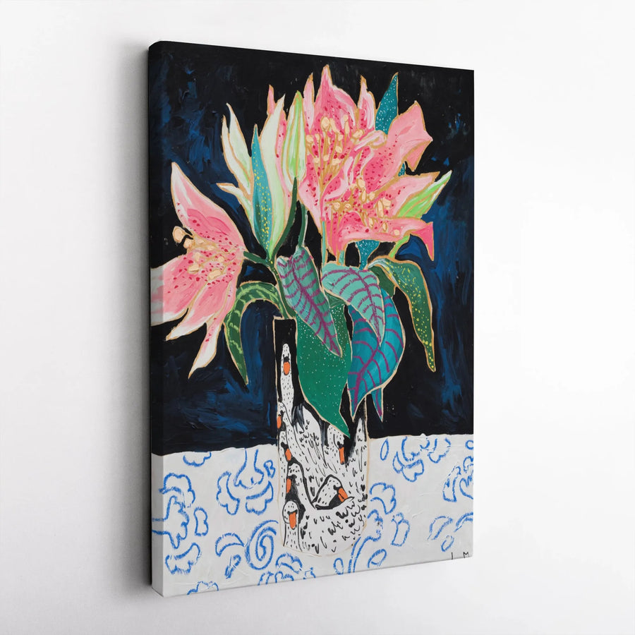 Swan Vase Lily Bouquet Canvas Print | Vibrant Still Life with Pink Lilies | Premium Gallery Wrapped Art | Collector's Modern Home Decor for Living Room