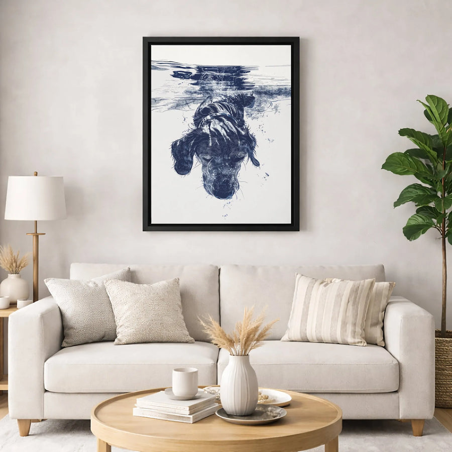 Dog Swimming Underwater Canvas Art | Blue Sketch Animal Wall Decor | Premium Fade-Resistant Gallery Print | Gift for Dog Lovers