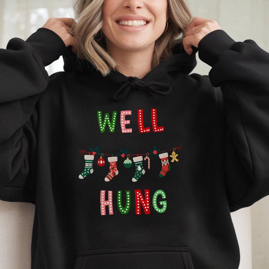 Well Hung Christmas Hoodie | Funny Innuendo Holiday Sweatshirt | Premium Cotton-Blend | Naughty Humorous Gift for Adults