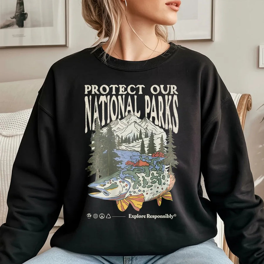 Protect Our National Parks Sweatshirt | Retro Trout Fishing Graphic | Premium Cotton Blend | Nature Lover Gift & Outdoor Apparel